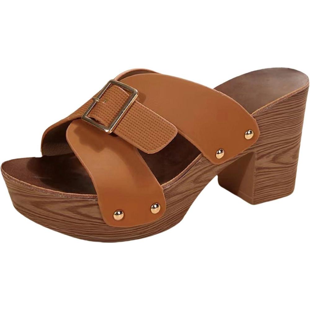 image:imageMules pour femme avec talon lgant Sandales talon bloc Sandales bout ouvert Chaussures dt talons hauts Mules plateforme pour femme Pantoufles confortablesMarron