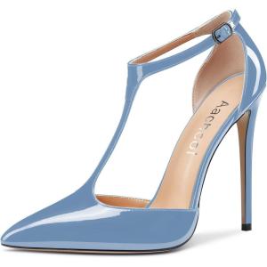 Aachcol Femmes T-strap Sandales Haut High Aiguille Talon Heel Pointu Bout Mary Jane Lanières Cheville Escarpins Clear Dress Chaussures 12 CM(Bleu Clair Vernis)