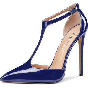 Aachcol Femmes T-strap Sandales Haut High Aiguille Talon Heel Pointu Bout Mary Jane Lanières Cheville Escarpins Clear Dress Chaussures 12 CM(Bleu Marin Vernis)