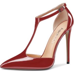 Aachcol Femmes T-strap Sandales Haut High Aiguille Talon Heel Pointu Bout Mary Jane Lanières Cheville Escarpins Clear Dress Chaussures 12 CM(Bourgogne Rouge Vernis)