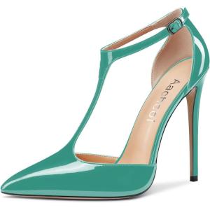 Aachcol Femmes T-strap Sandales Haut High Aiguille Talon Heel Pointu Bout Mary Jane Lanières Cheville Escarpins Clear Dress Chaussures 12 CM(Emeraude Vert Vernis)