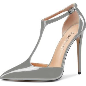 Aachcol Femmes T-strap Sandales Haut High Aiguille Talon Heel Pointu Bout Mary Jane Lanières Cheville Escarpins Clear Dress Chaussures 12 CM(Gris Vernis)