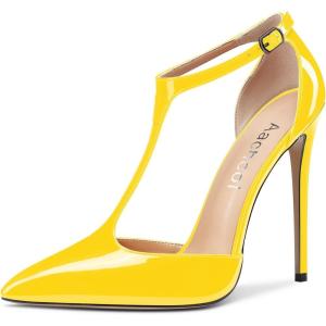 Aachcol Femmes T-strap Sandales Haut High Aiguille Talon Heel Pointu Bout Mary Jane Lanières Cheville Escarpins Clear Dress Chaussures 12 CM(Jaune Vernis)