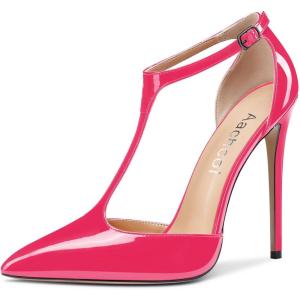 Aachcol Femmes T-strap Sandales Haut High Aiguille Talon Heel Pointu Bout Mary Jane Lanières Cheville Escarpins Clear Dress Chaussures 12 CM(Magenta Rose Vernis)
