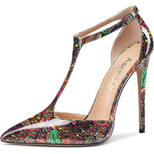 Aachcol Femmes T-strap Sandales Haut High Aiguille Talon Heel Pointu Bout Mary Jane Lanières Cheville Escarpins Clear Dress Chaussures 12 CM(Multicolore A2 Vernis)