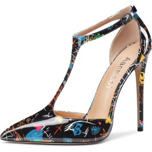 Aachcol Femmes T-strap Sandales Haut High Aiguille Talon Heel Pointu Bout Mary Jane Lanières Cheville Escarpins Clear Dress Chaussures 12 CM(Multicolore E2 Vernis)