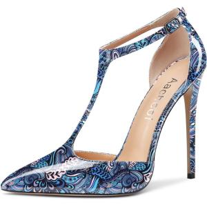 Aachcol Femmes T-strap Sandales Haut High Aiguille Talon Heel Pointu Bout Mary Jane Lanières Cheville Escarpins Clear Dress Chaussures 12 CM(Multicolore A1 Vernis)