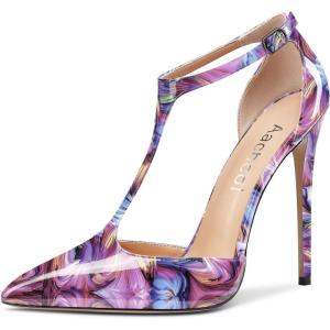Aachcol Femmes T-strap Sandales Haut High Aiguille Talon Heel Pointu Bout Mary Jane Lanières Cheville Escarpins Clear Dress Chaussures 12 CM(Multicolore B2 Vernis)