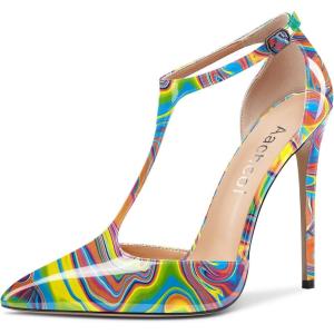 Aachcol Femmes T-strap Sandales Haut High Aiguille Talon Heel Pointu Bout Mary Jane Lanières Cheville Escarpins Clear Dress Chaussures 12 CM(Multicolore Rainbow Vernis)