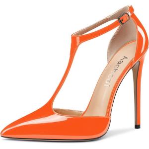 Aachcol Femmes T-strap Sandales Haut High Aiguille Talon Heel Pointu Bout Mary Jane Lanières Cheville Escarpins Clear Dress Chaussures 12 CM(Orange Vernis)