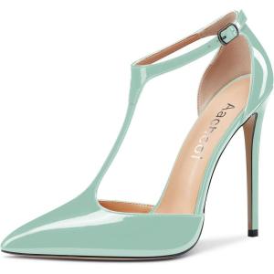 Aachcol Femmes T-strap Sandales Haut High Aiguille Talon Heel Pointu Bout Mary Jane Lanières Cheville Escarpins Clear Dress Chaussures 12 CM(Turquoise Vert Vernis)