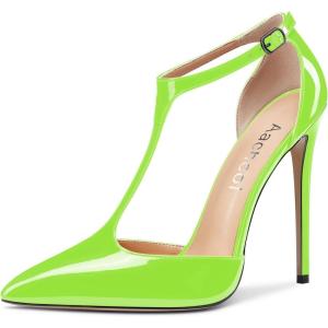 Aachcol Femmes T-strap Sandales Haut High Aiguille Talon Heel Pointu Bout Mary Jane Lanières Cheville Escarpins Clear Dress Chaussures 12 CM(Vert Citron Vernis)