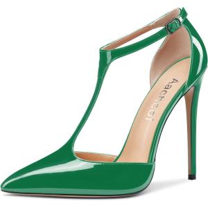 Aachcol Femmes T-strap Sandales Haut High Aiguille Talon Heel Pointu Bout Mary Jane Lanières Cheville Escarpins Clear Dress Chaussures 12 CM(Vert Vernis)