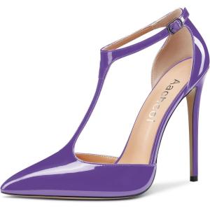 Aachcol Femmes T-strap Sandales Haut High Aiguille Talon Heel Pointu Bout Mary Jane Lanières Cheville Escarpins Clear Dress Chaussures 12 CM(Violet Vernis)