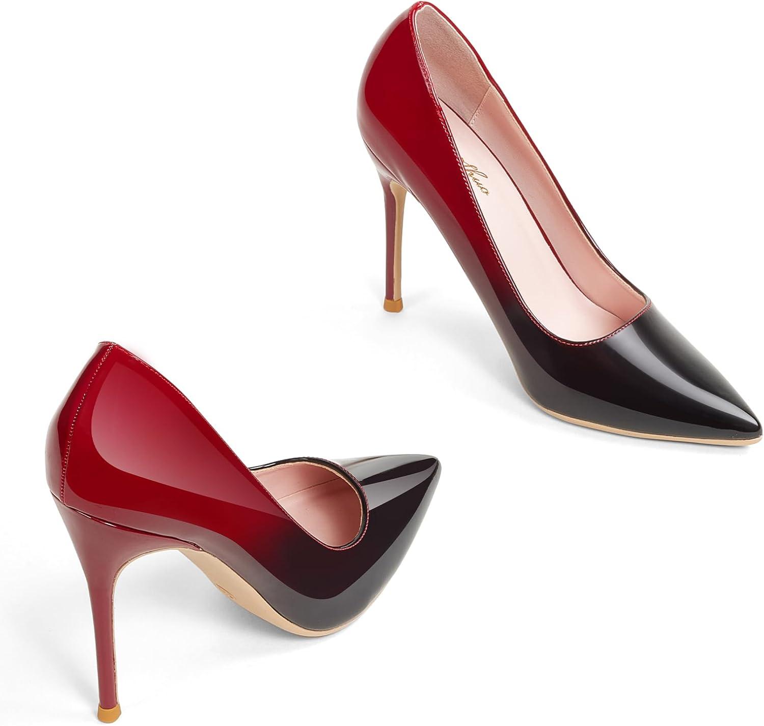 image:imageGENSHUO Talon Haut 10 cm 394 Pouces Chaussures Talons Hauts pour Femmes Bout Pointu Robe de soire Pompes de BalDgrad Noir et Rouge