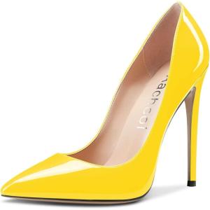 Aachcol Femmes Aiguille Haut High Talon Heel Fermé Pointu Bout Escarpins Slip-on Mariage Party Sexy Cute Chaussures(Jaune Vernis)