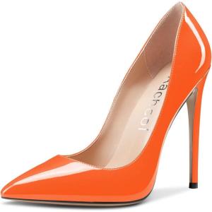 Aachcol Femmes Aiguille Haut High Talon Heel Fermé Pointu Bout Escarpins Slip-on Mariage Party Sexy Cute Chaussures(Orange Vernis)