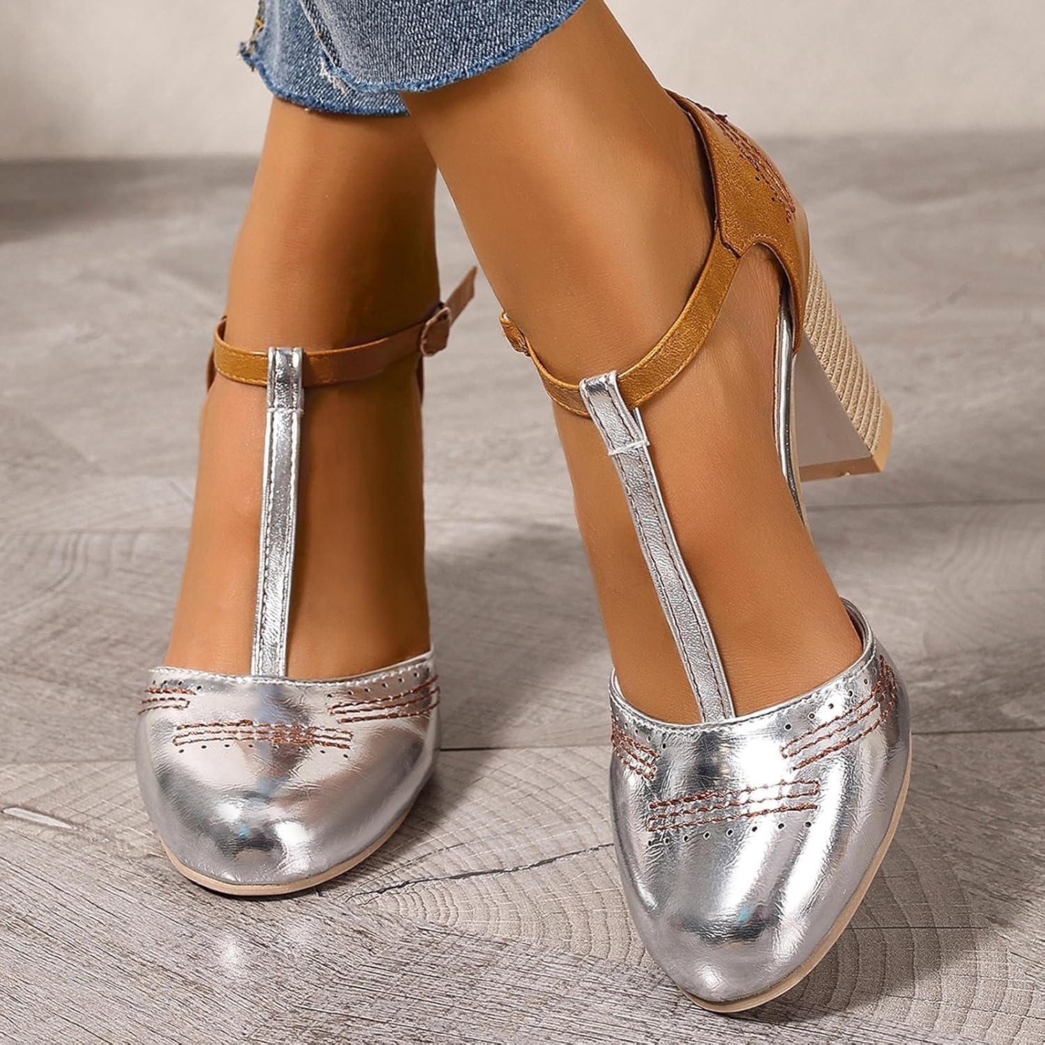 image:imageChaussures Dirndl pour femme Escarpins talons Sandales lanires Escarpins lanires Chaussures de marie Talon bloc Ballerines lgantes pour Dirndl Chaussures de travail blanchesArgent G