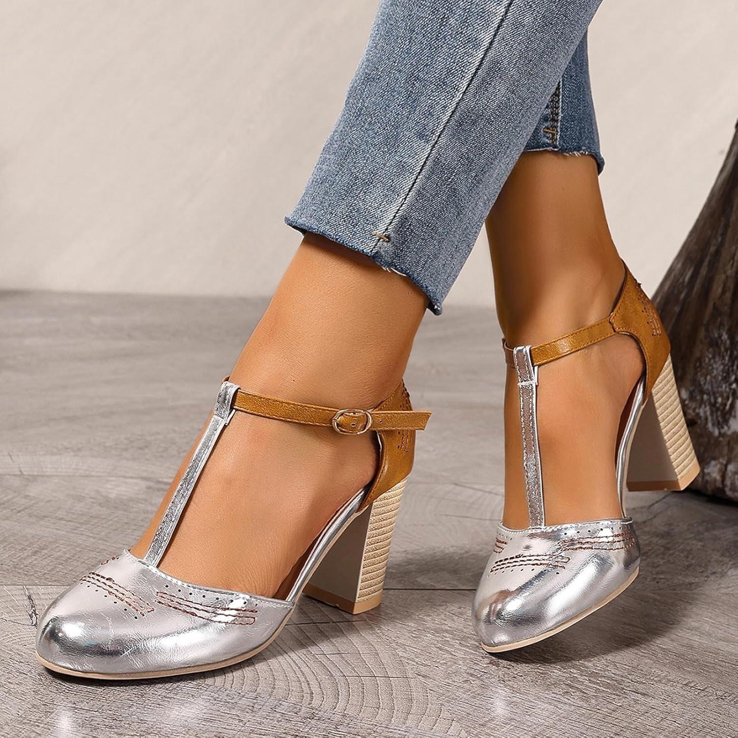 image:imageChaussures Dirndl pour femme Escarpins talons Sandales lanires Escarpins lanires Chaussures de marie Talon bloc Ballerines lgantes pour Dirndl Chaussures de travail blanchesArgent G