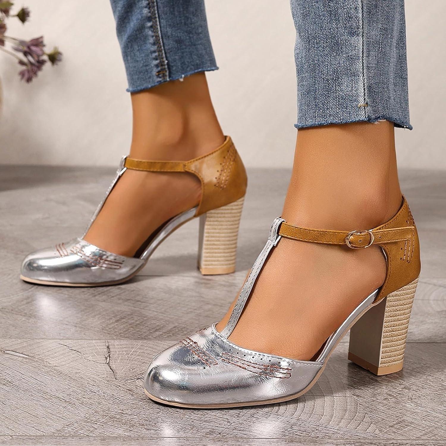 image:imageChaussures Dirndl pour femme Escarpins talons Sandales lanires Escarpins lanires Chaussures de marie Talon bloc Ballerines lgantes pour Dirndl Chaussures de travail blanchesArgent G