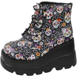 Ulalaza Femmes Mary Jane Robes Pumps Lolita Chaussures mignonnes plate-forme gothique double cheville sangle rond(Skull Black)