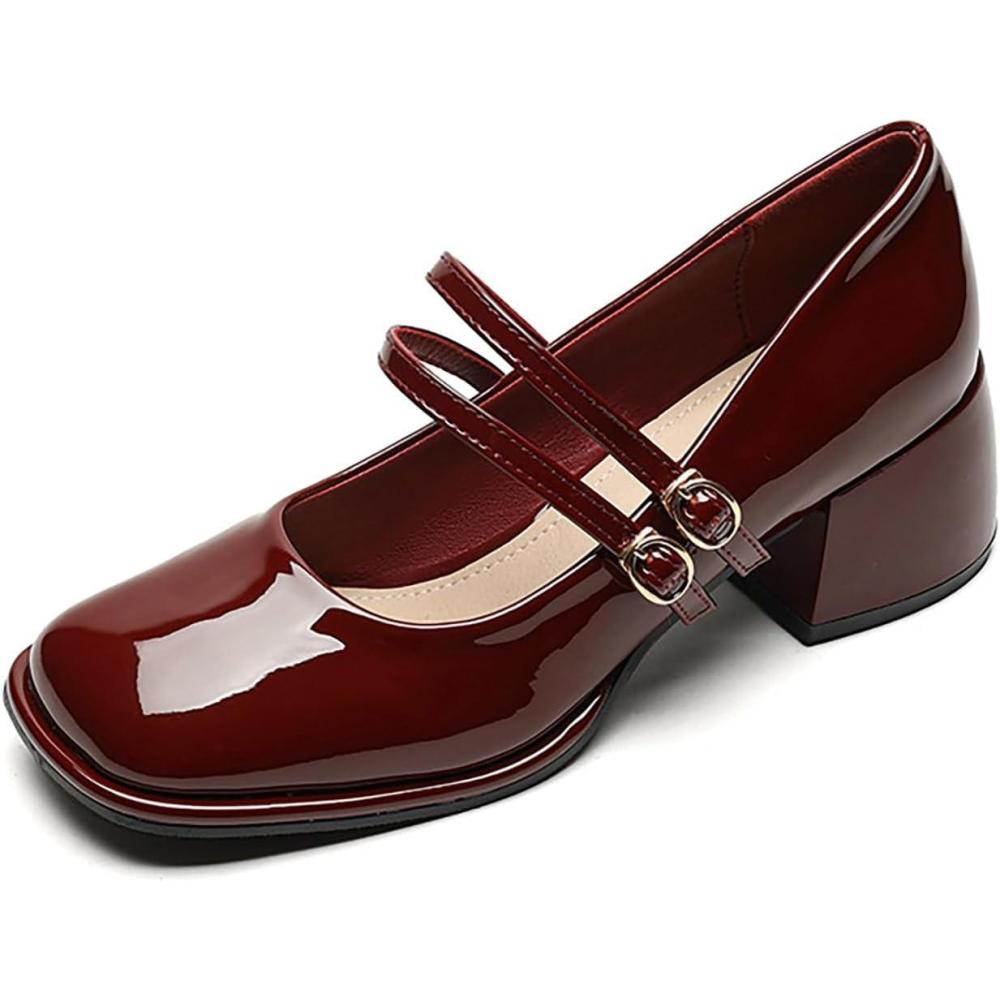 image:imageMary Janes Chaussures Habilles Confortables Talons Bas Et pais pour Femmes Escarpins Bout Carr Et Bout FermRed