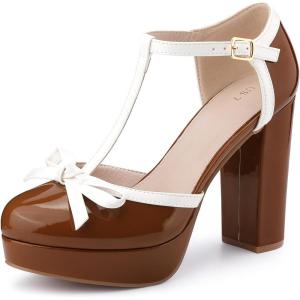 Allegra K Escarpins à Talons épais et à Bride en T pour Femmes(Brun)
