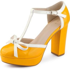Allegra K Escarpins à Talons épais et à Bride en T pour Femmes(Jaune)