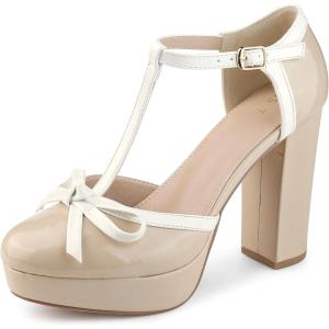 Allegra K Escarpins à Talons épais et à Bride en T pour Femmes(Nu)