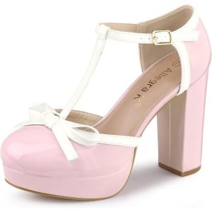 Allegra K Escarpins à Talons épais et à Bride en T pour Femmes(Rose)