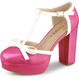 Allegra K Escarpins à Talons épais et à Bride en T pour Femmes(Rose Vif)