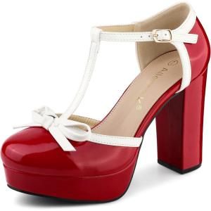 Allegra K Escarpins à Talons épais et à Bride en T pour Femmes(Rouge)