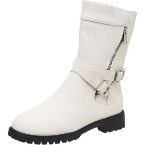 2022 Botte Classique Pour Femme Hiver Mi-Mollet Combat éQuitation Bottes Militaires ImperméAble Confortable Sans Lacet Chaussures D&rsquo;Hiver En Plein Air Bottes Plates Pour Femme Bottes Courtes(Blanc)
