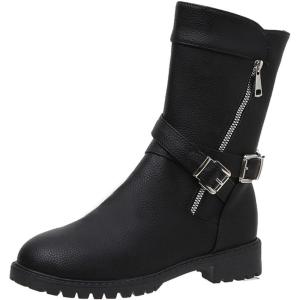2022 Botte Classique Pour Femme Hiver Mi-Mollet Combat éQuitation Bottes Militaires ImperméAble Confortable Sans Lacet Chaussures D&rsquo;Hiver En Plein Air Bottes Plates Pour Femme Bottes Courtes(Le Noir)