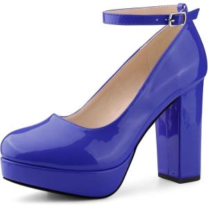 Allegra K Women&rsquo;s Platform Ankle Strap Chunky Heel Mary Janes Pumps(Bleu)