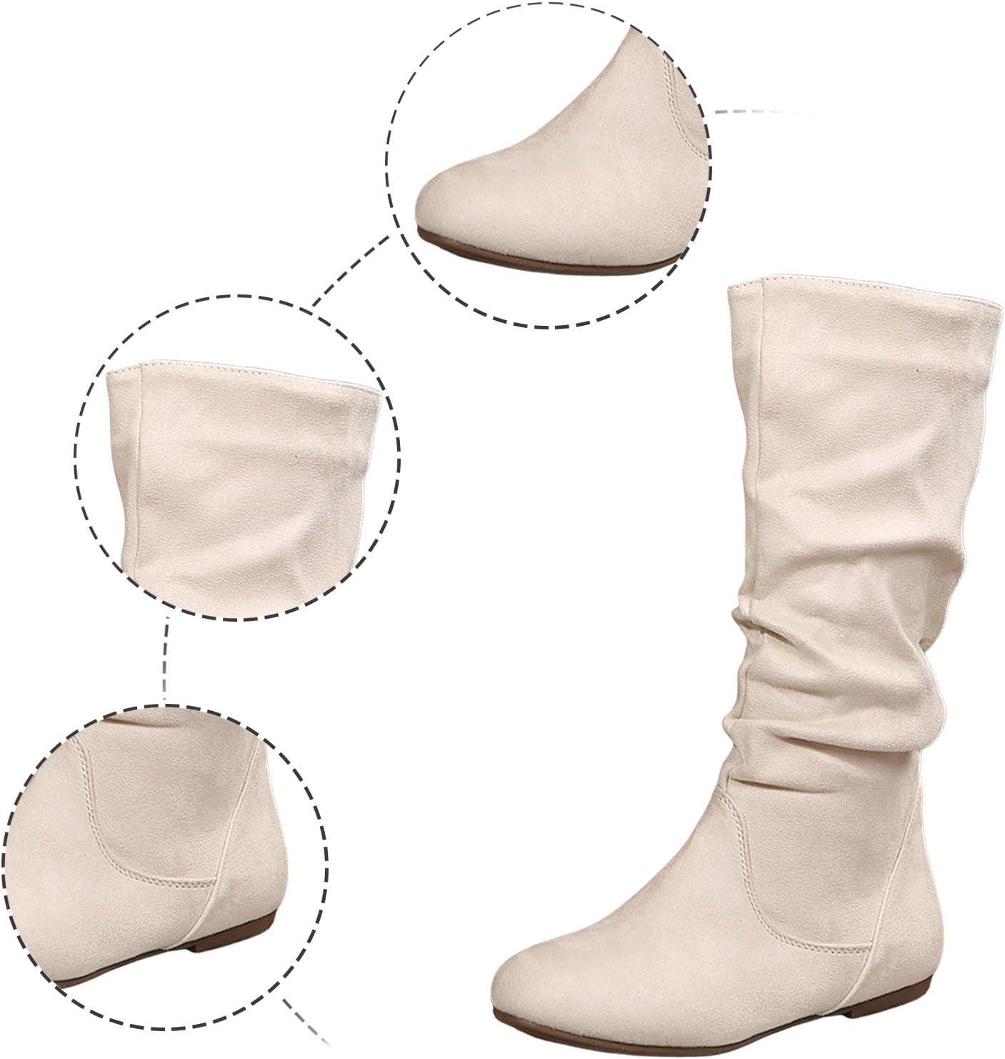 image:image2025 Bottes Mode Femme Couleur Unie Plis Style Britannique Bottes Moyennes Semelle Plate Chaussures lgantes Femmes tBeige