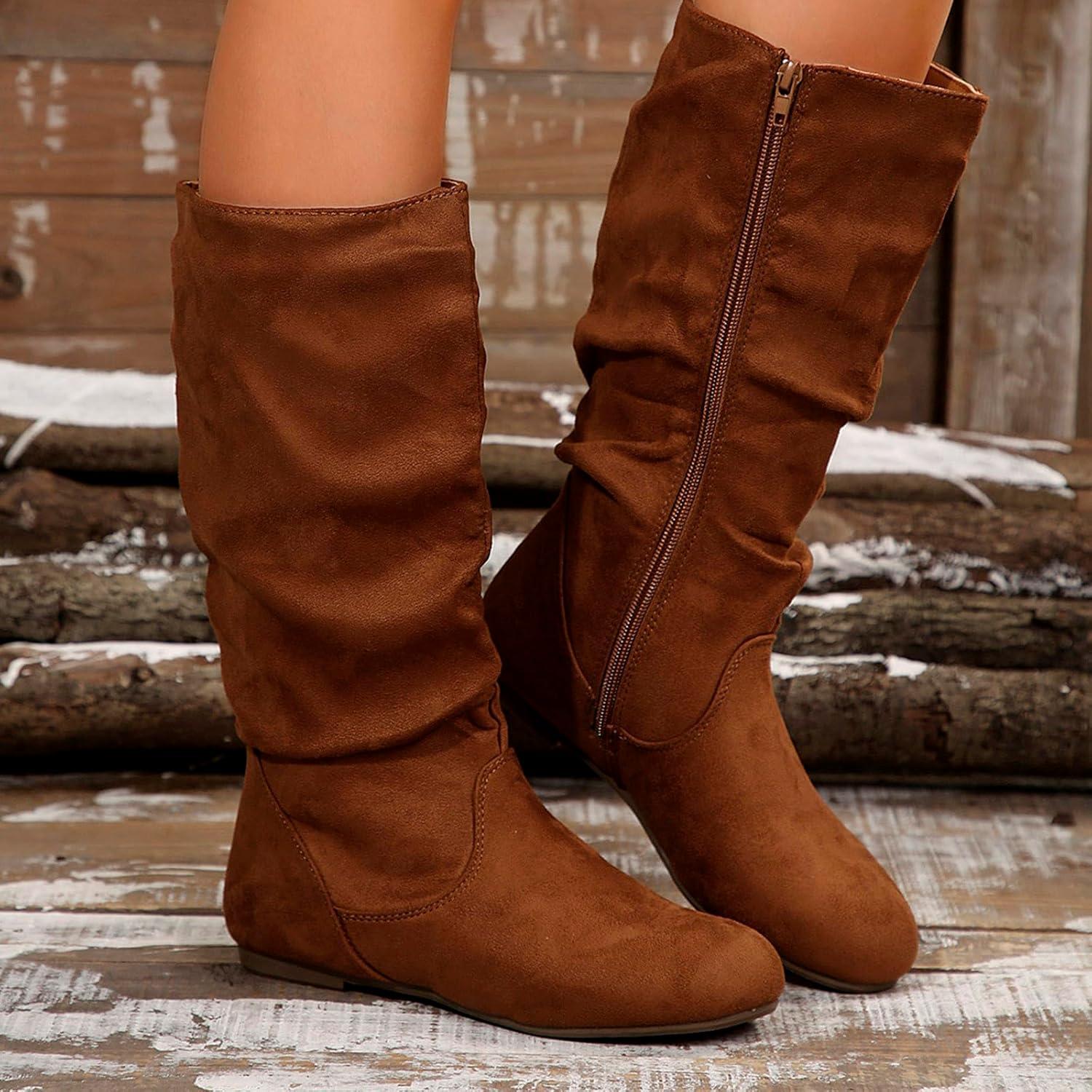 image:image2025 Bottes Mode Femme Couleur Unie Plis Style Britannique Bottes Moyennes Semelle Plate Chaussures lgantes Femmes tMarron