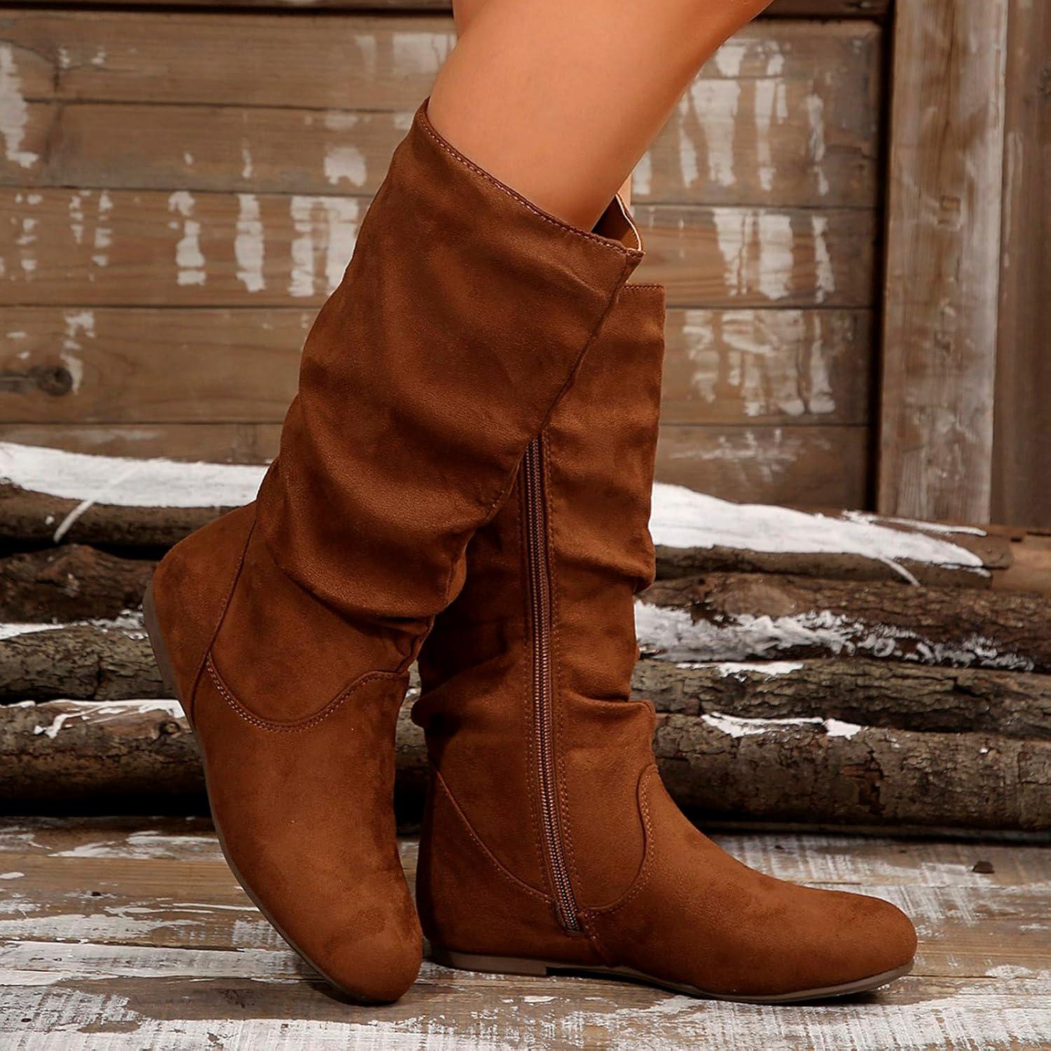 image:image2025 Bottes Mode Femme Couleur Unie Plis Style Britannique Bottes Moyennes Semelle Plate Chaussures lgantes Femmes tMarron