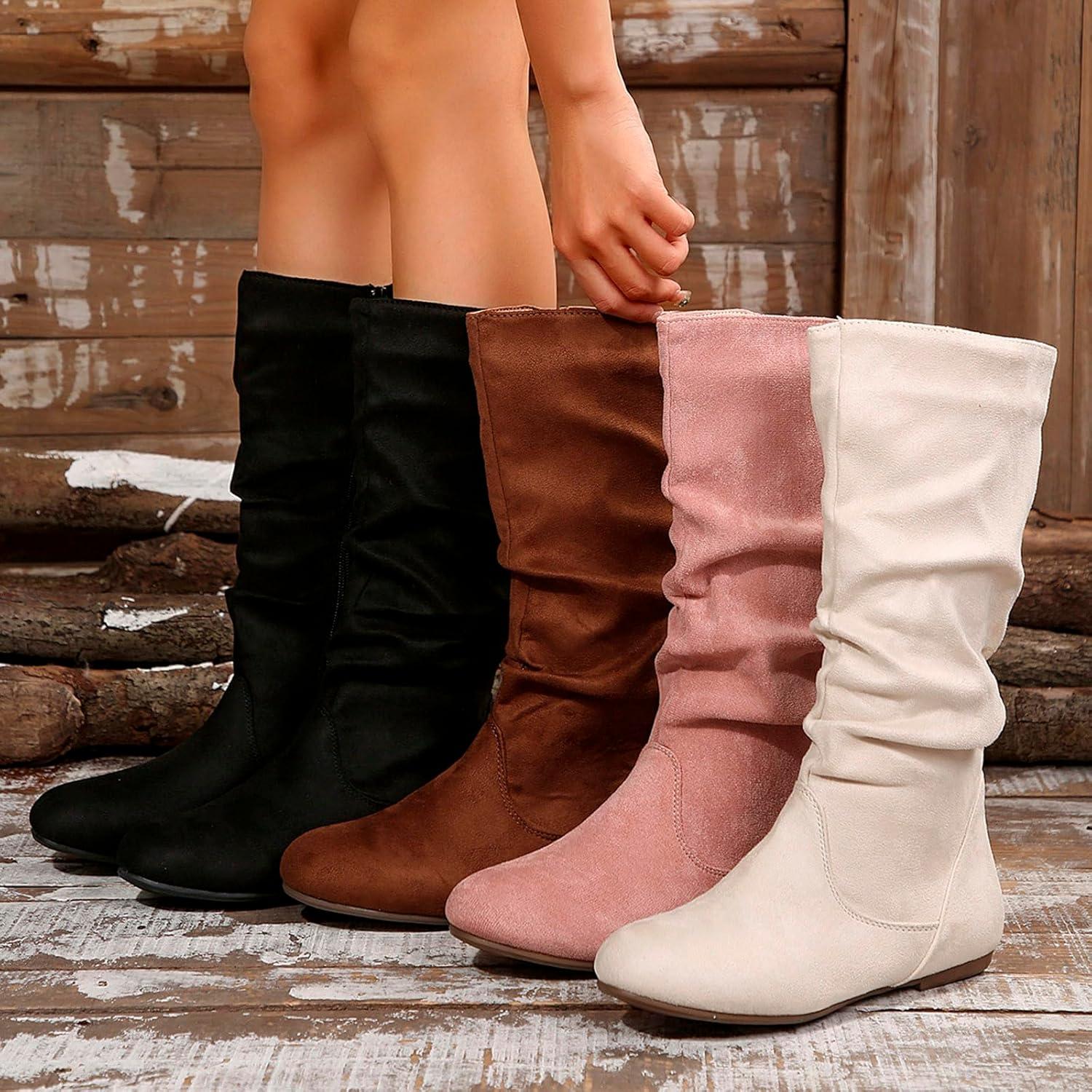 image:image2025 Bottes Mode Femme Couleur Unie Plis Style Britannique Bottes Moyennes Semelle Plate Chaussures lgantes Femmes tNoir