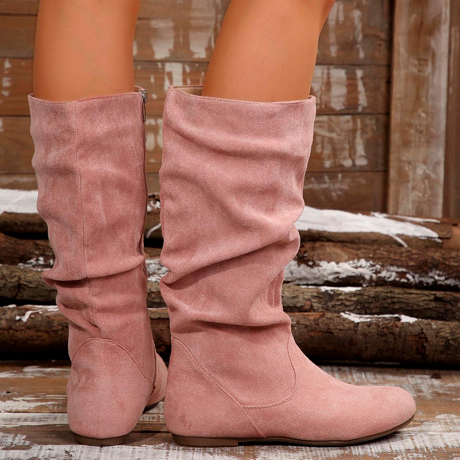 image:image2025 Bottes Mode Femme Couleur Unie Plis Style Britannique Bottes Moyennes Semelle Plate Chaussures lgantes Femmes tRose