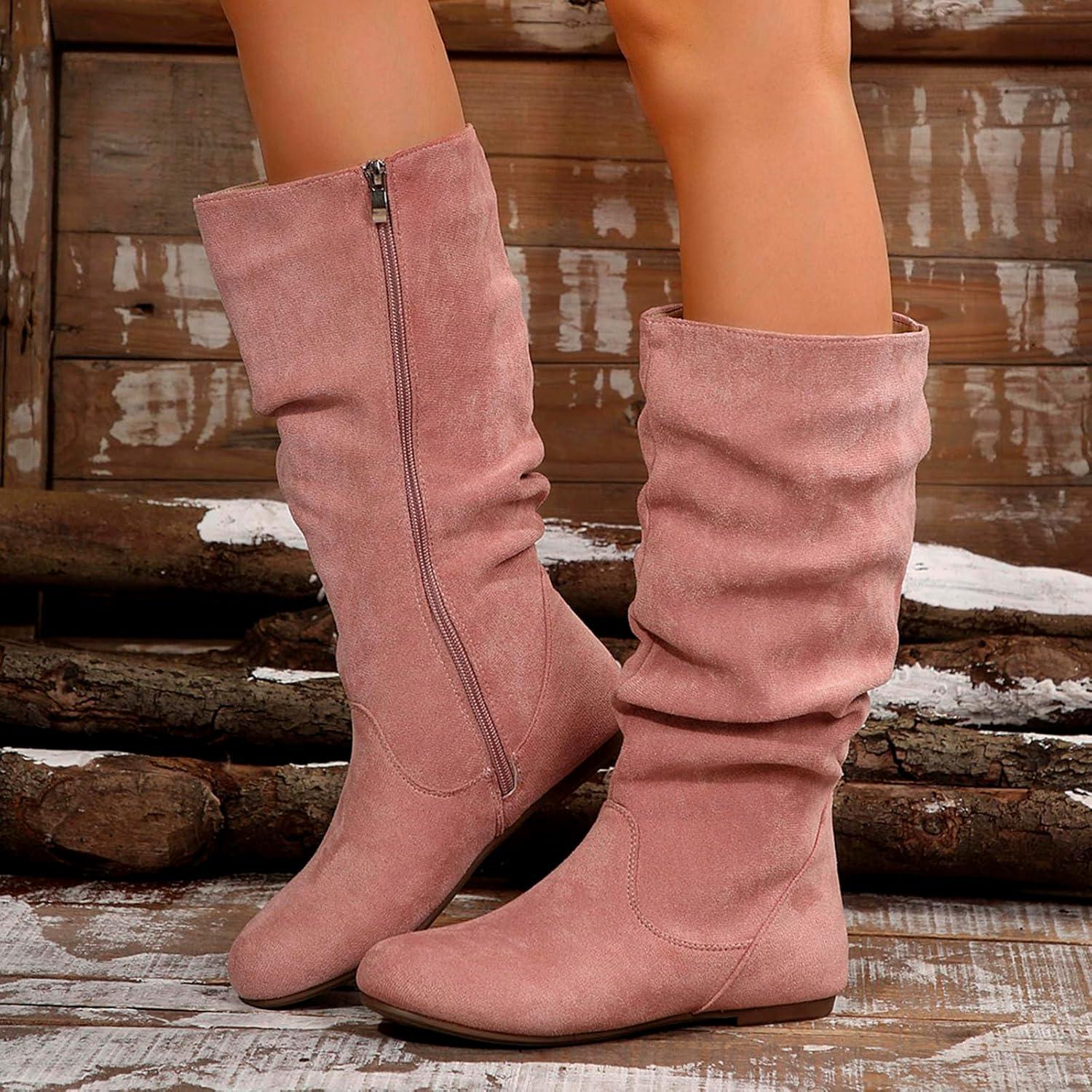 image:image2025 Bottes Mode Femme Couleur Unie Plis Style Britannique Bottes Moyennes Semelle Plate Chaussures lgantes Femmes tRose