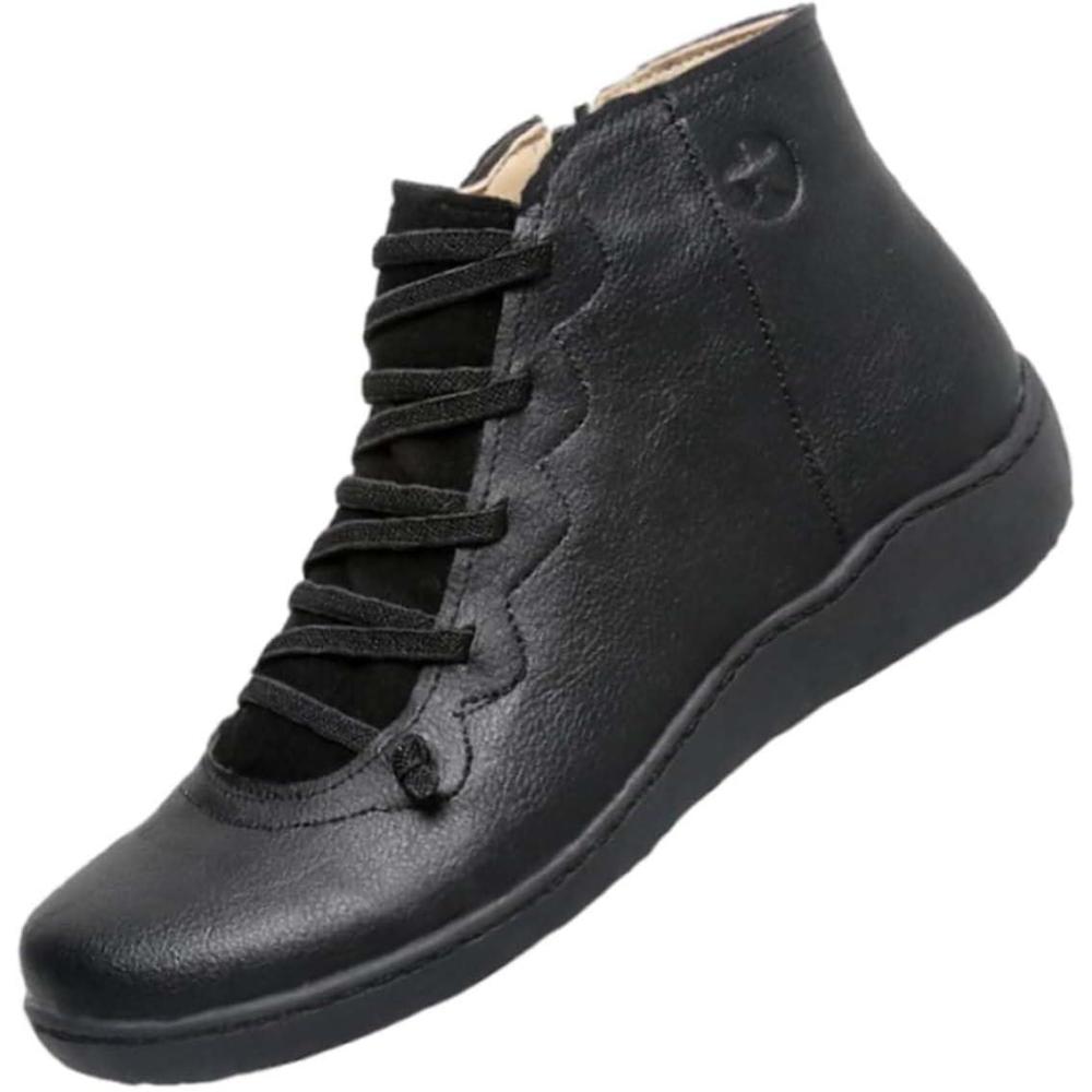 image:imageBottines en cuir pour femme Coupe large Bout rond Grande taille Avec fermeture clair latrale Couleur unie lgantes et polyvalentes Chaussures plates enfiler Lgres ChaussuresNoir