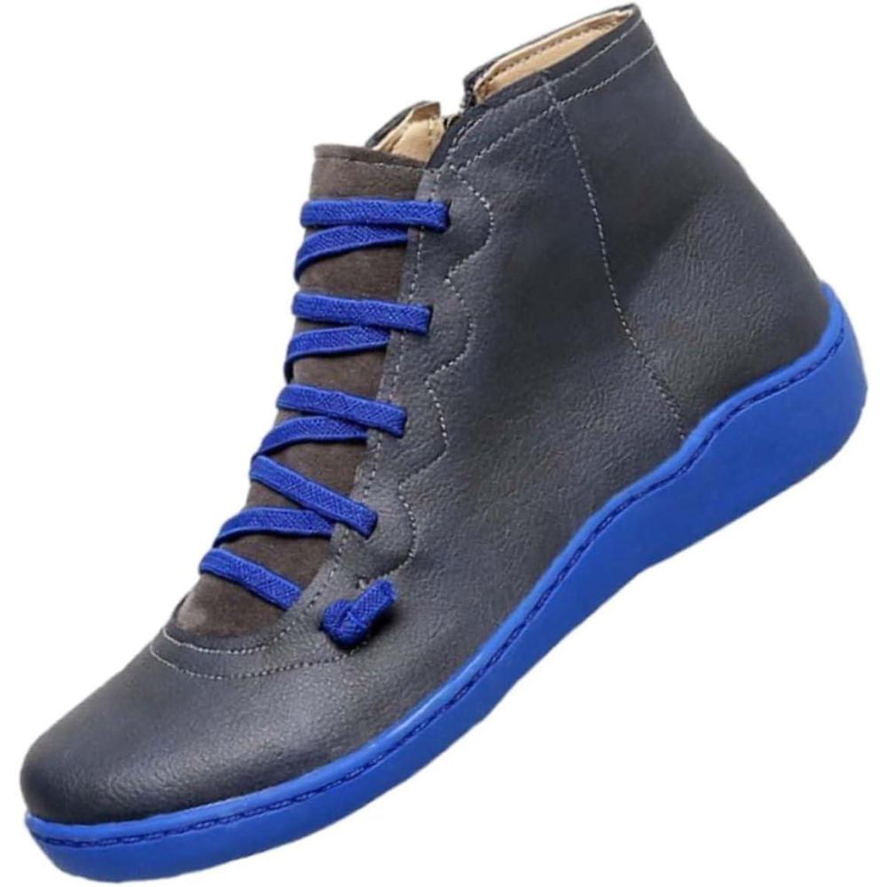 image:imageBottines en cuir pour femme Coupe large Bout rond Grande taille Avec fermeture clair latrale Couleur unie lgantes et polyvalentes Chaussures plates enfiler Lgres ChaussuresBleu