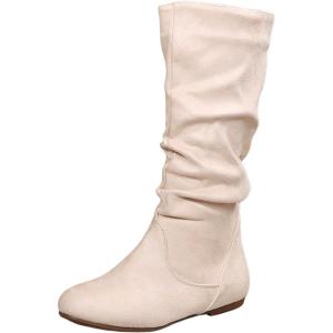 2025 Bottes Mode Femme Couleur Unie à Plis Style Britannique Bottes Moyennes à Semelle Plate Chaussures Élégantes Femmes Été(Beige)