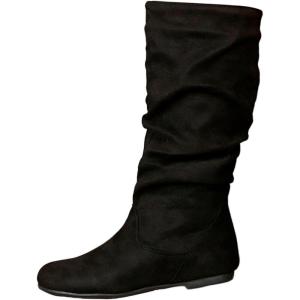 2025 Bottes Mode Femme Couleur Unie à Plis Style Britannique Bottes Moyennes à Semelle Plate Chaussures Élégantes Femmes Été(Noir)
