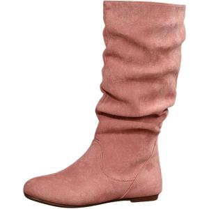 2025 Bottes Mode Femme Couleur Unie à Plis Style Britannique Bottes Moyennes à Semelle Plate Chaussures Élégantes Femmes Été(Rose)