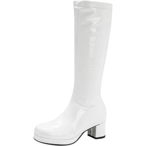 Bottes hautes en cuir verni pour femme, bottes élégantes à talon épais, couleur rouge brillant, talon bloc confortable, bottes en PVC imperméables à la mode pour un look déclaré(Blanc)