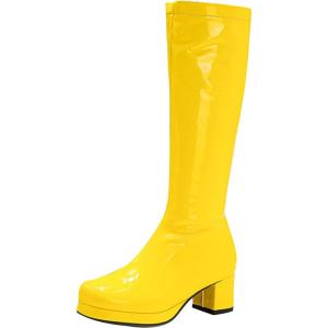Bottes hautes en cuir verni pour femme, bottes élégantes à talon épais, couleur rouge brillant, talon bloc confortable, bottes en PVC imperméables à la mode pour un look déclaré(Jaune)