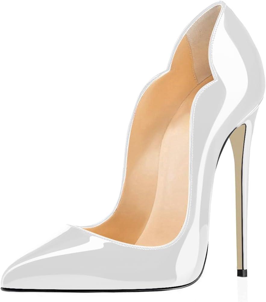 image:imageElashe Femmes Stiletto Sexy Classic Talon Haut Cuir Vernis Brillant synthtique Talon Aiguille 12CM Grande Taille Bout Pointu fermBlanc