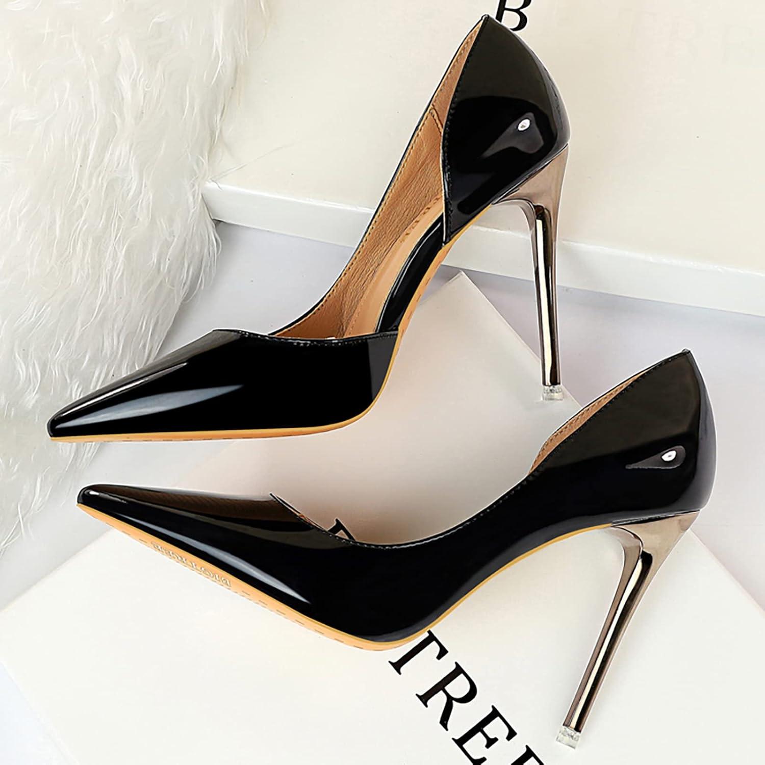 image:imageEscarpins Femme Bout Pointu Talon Aiguille 105 cm Slip on Vernis Pumps Classiques Soire Bureau Talon HautBlack Noir